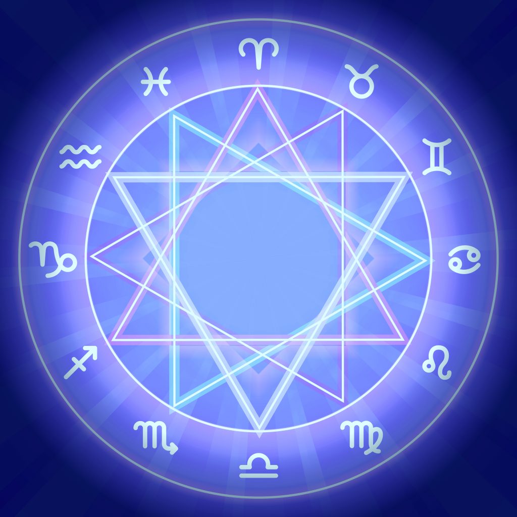 Zodiac signs set on shiny magic circle. Mandala background. Zodiac icons collection. Vector illustration.